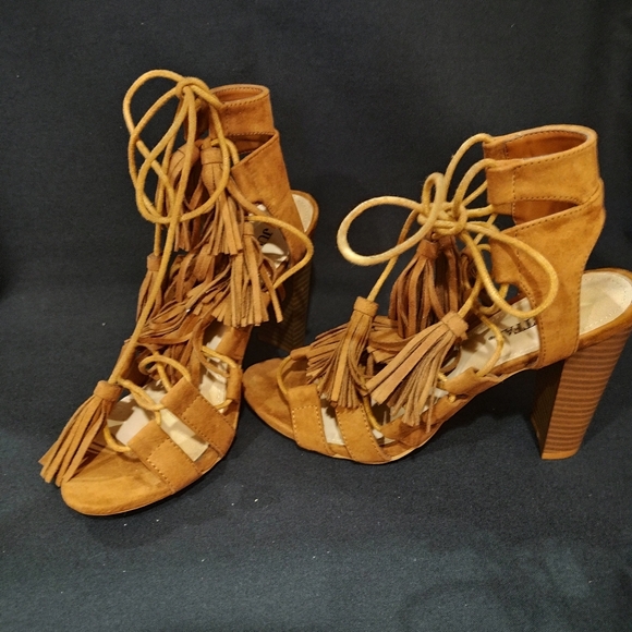 Women's Tan Suede Tassel Heeled Sandals - Picture 1 of 5